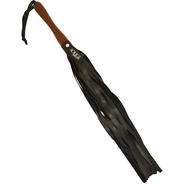 The Rouge Leather Flogger w/Wooden Handle by Adams Toy Box is a stylish fetish accessory with long black leather tassels and a sleek wooden handle, perfect for BDSM play.