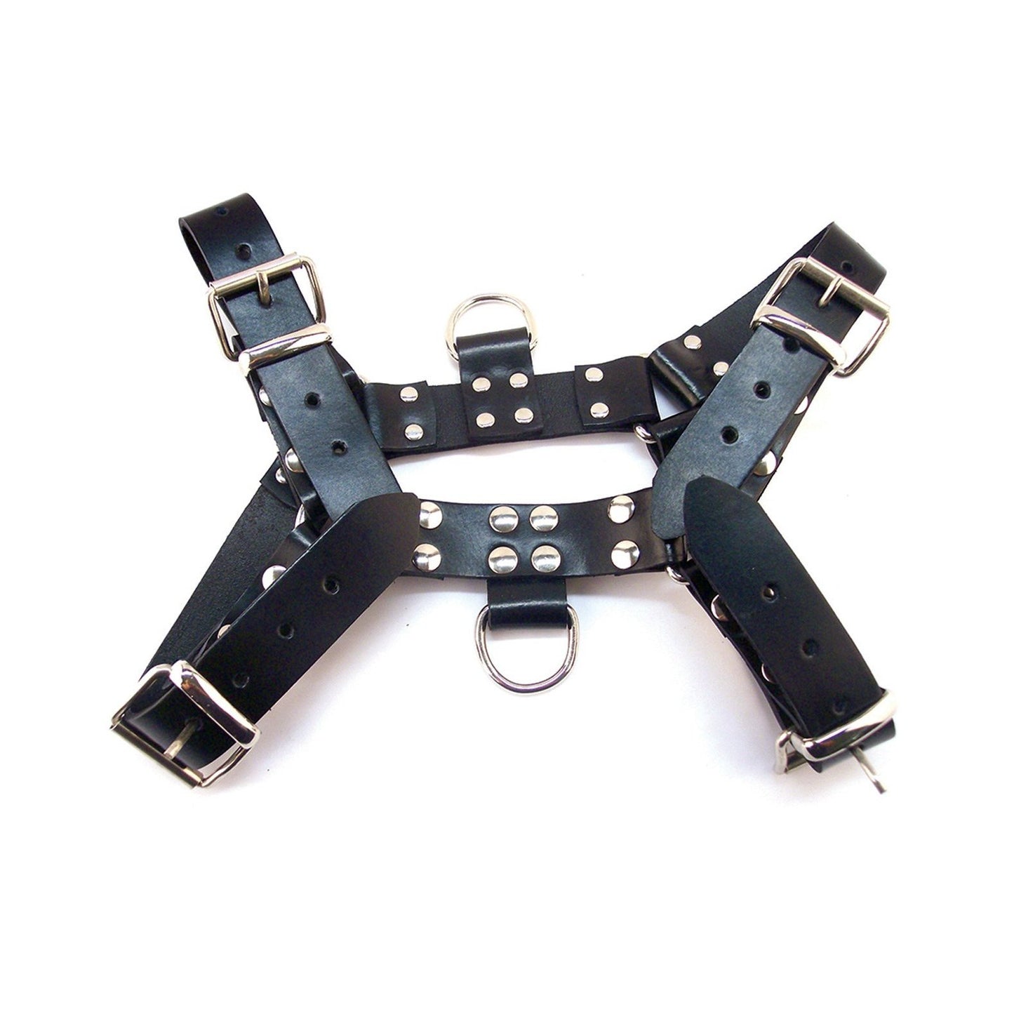 The Rouge Over the Head X-Large Harness from Adams Toy Box is a black leather bondage accessory featuring metal buckles, rings, and rivets. It has sturdy construction with adjustable buckle straps for a custom fit, displayed flat on a white background.