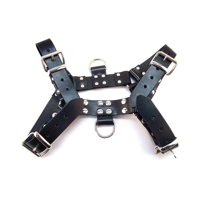 The Rouge Over the Head X-Large Harness from Adams Toy Box is a black leather bondage accessory featuring metal buckles, rings, and rivets. It has sturdy construction with adjustable buckle straps for a custom fit, displayed flat on a white background.