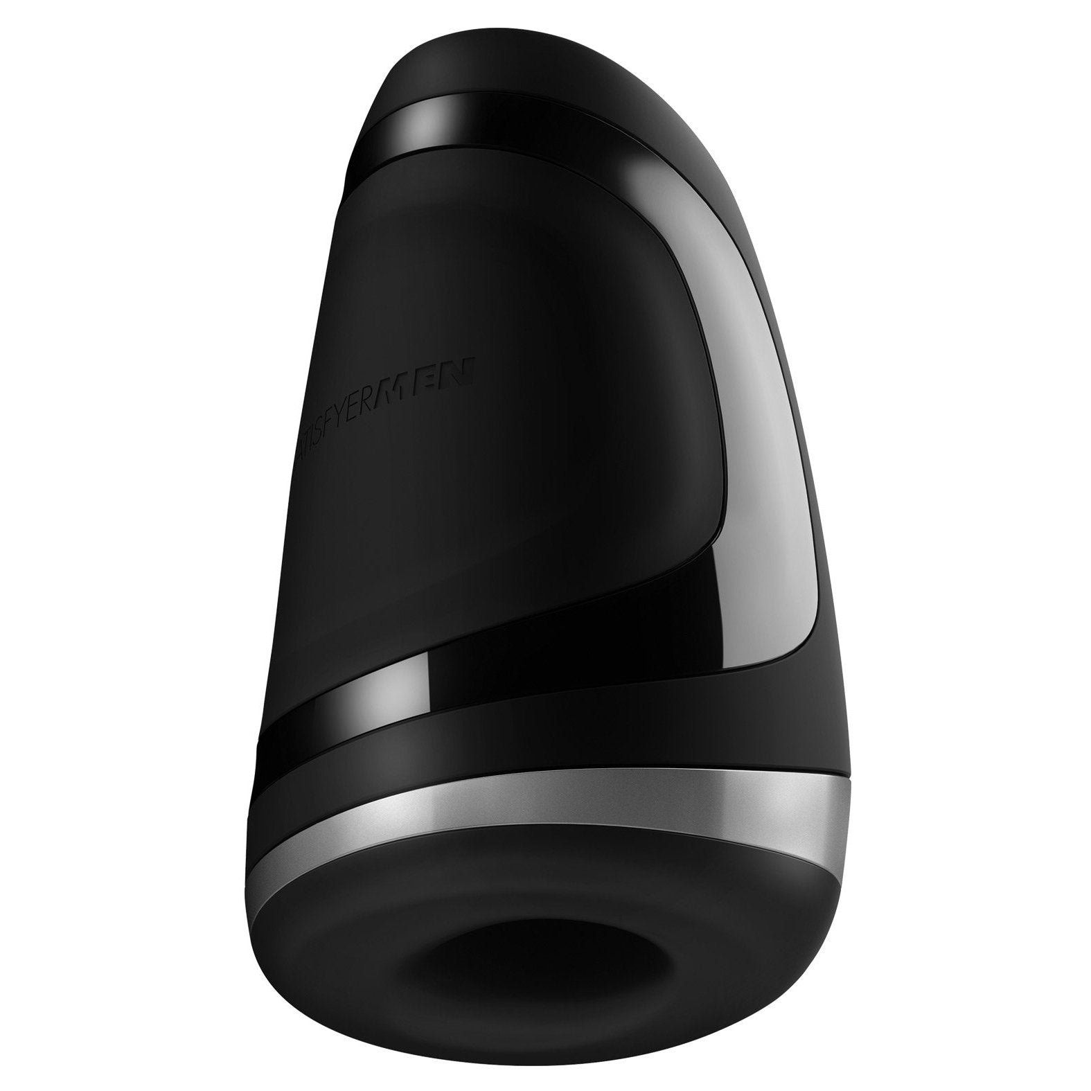 The Satisfyer Men Heat Vibration, by Satisfyer, is a sleek, black egg-shaped device with a silver band near the base. Its glossy surface reflects light and features a subtle brand marking. Equipped with innovative heating function technology and rechargeable batteries, its smooth circular bottom opening ensures convenience.