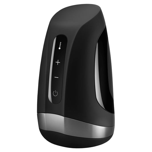 The Satisfyer Men Heat Vibration by Satisfyer is a sleek, black device with a modern design featuring an innovative heating function. Its vertical control panel includes a temperature indicator, plus and minus buttons, and a power button, while a metallic silver band adorns the bottom for elegance.