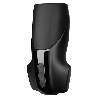 The Satisfyer Men Vibration by Satisfyer is a sleek black device with a glossy finish and ergonomic design, featuring a control panel with plus/minus buttons for adjustable vibration settings.