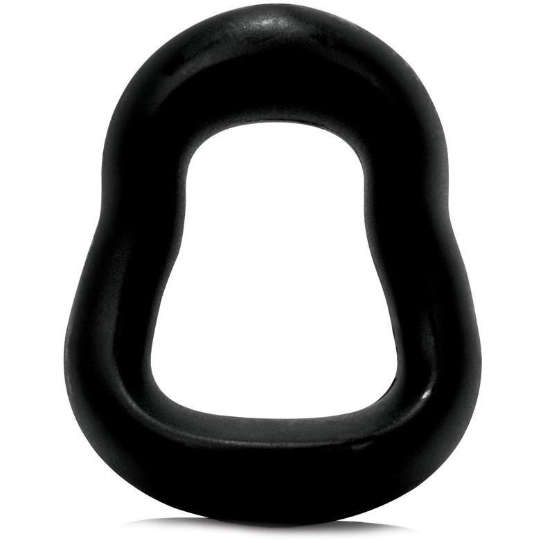 A black, oval-shaped silicone cutout with smooth edges from the Screaming O Swing O Curved collection by Screaming O, resembling a hollow ring or handle, set against a white background.