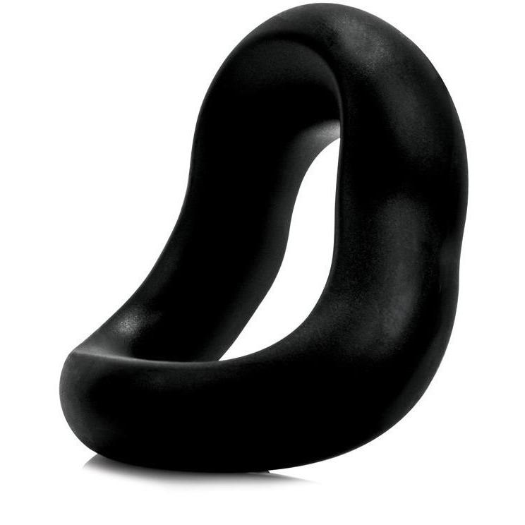 The Screaming O Swing O Curved is a black, abstract, looped sculpture made of sleek silicone with smooth curves, elegantly standing on a reflective surface.