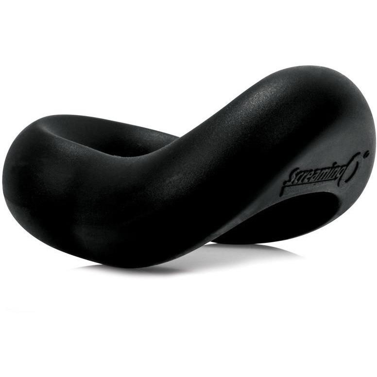 The Screaming O Swing O Curved features a modern art sculpture design with a black, curved, smooth silicone surface. Its loop-like design and small logo enhance both elegance and functionality.