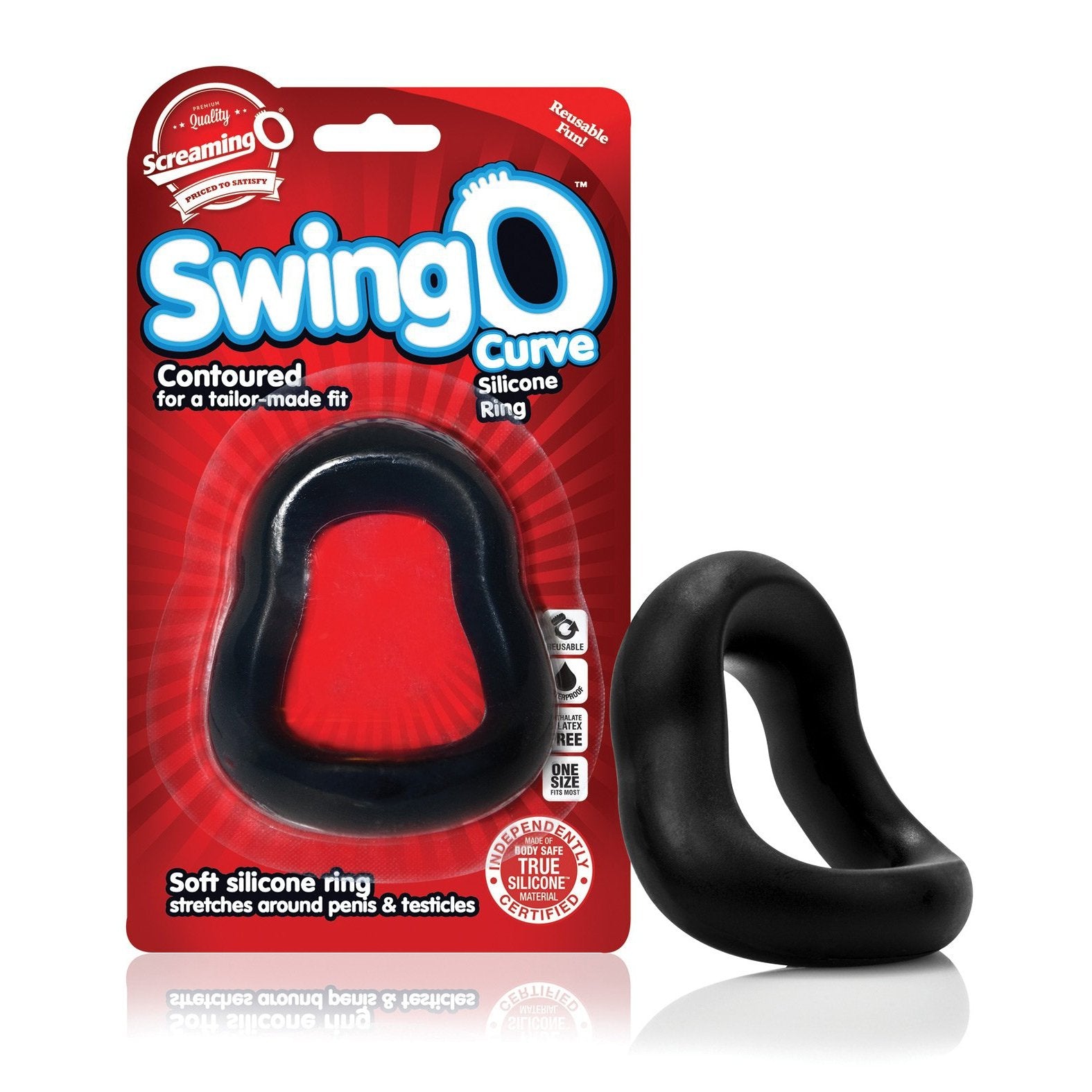 The Screaming O SwingO Curved cock ring features a contoured black design for a tailored fit. Made from soft silicone, it ensures ultimate comfort and boosts stamina, all packaged in sleek packaging for quality and performance seekers.