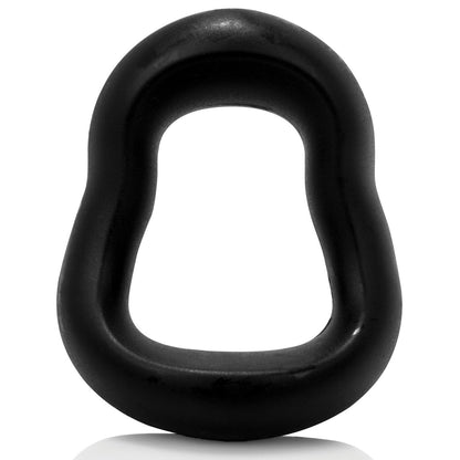 Against a white background, the Screaming O Swing O Curved by Screaming O is a black, oval silicone cock ring with a hollow center and teardrop shape.