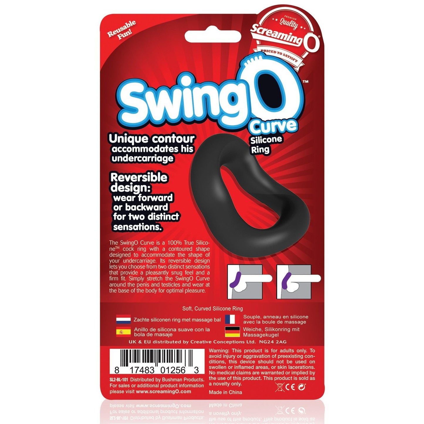 The Screaming O Swing O Curved packaging reveals a reversible cock ring made from premium silicone for customizable sensations and enhanced stamina. Its unique contour stands out on a striking red background with detailed product images and information.