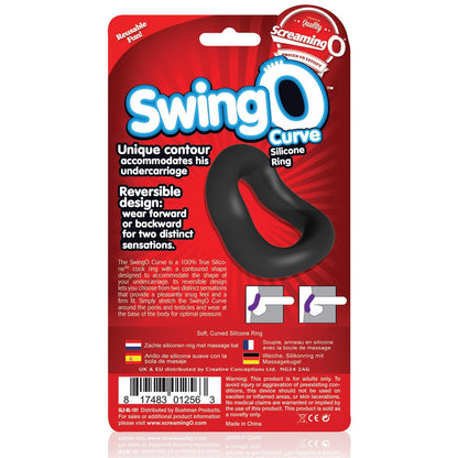 The Screaming O Swing O Curved packaging reveals a reversible cock ring made from premium silicone for customizable sensations and enhanced stamina. Its unique contour stands out on a striking red background with detailed product images and information.