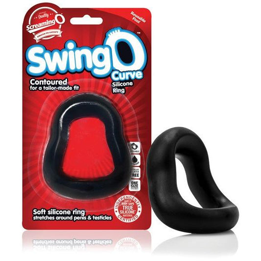 The Screaming O Swing O Curved cock ring packaging displays a sleek black silicone ring, highlighting its stretchy material and custom fit. A bold red background with white text enhances its striking presentation.