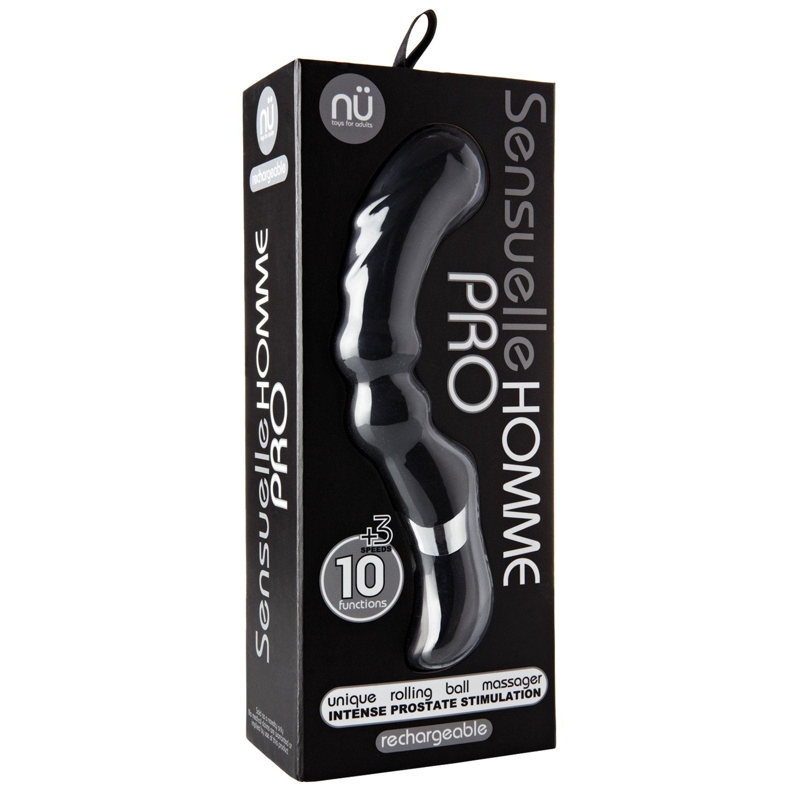 The Sensuelle Homme Rechargeable Prostate Massager by Sensuelle Homme is presented in sleek black packaging with white and gray text. Made from medical-grade silicone, it offers 10 functions and a unique rolling ball massager for intense prostate stimulation.