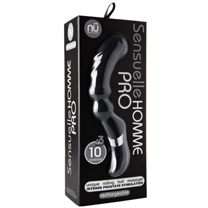 The Sensuelle Homme Rechargeable Prostate Massager by Sensuelle Homme is presented in sleek black packaging with white and gray text. Made from medical-grade silicone, it offers 10 functions and a unique rolling ball massager for intense prostate stimulation.