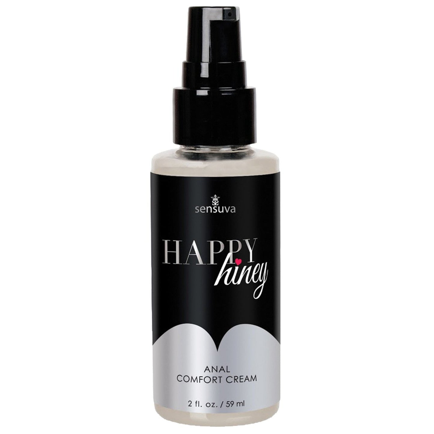 A 2 fl. oz. (59 ml) bottle of Adams Toy Box Sensuva Happy Hiney Anal Desensitizing Cream features a sleek black and white label with a convenient pump dispenser, offering soothing desensitizing effects for enhanced comfort.
