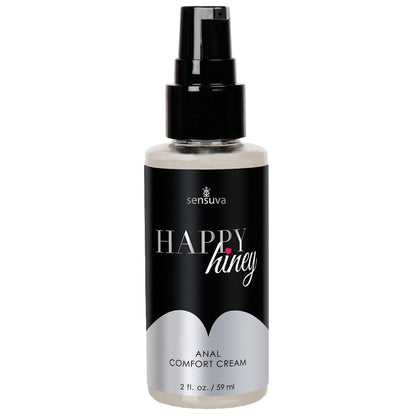 A 2 fl. oz. (59 ml) bottle of Adams Toy Box Sensuva Happy Hiney Anal Desensitizing Cream features a sleek black and white label with a convenient pump dispenser, offering soothing desensitizing effects for enhanced comfort.