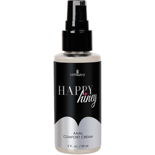 A black and gray bottle from Adams Toy Box, labeled Sensuva Happy Hiney Anal Desensitizing Cream, contains 2 fl. oz. (59 ml) of comfort cream, featuring a simple design and convenient spray top for easy application.