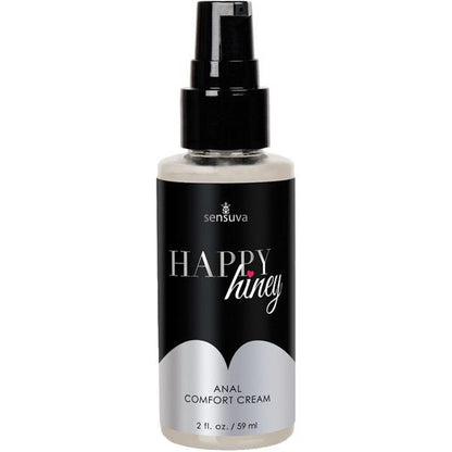A black and gray bottle from Adams Toy Box, labeled Sensuva Happy Hiney Anal Desensitizing Cream, contains 2 fl. oz. (59 ml) of comfort cream, featuring a simple design and convenient spray top for easy application.