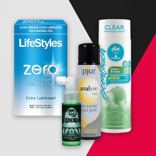 The Sex Essentials Pack by Adams Toy Box features a selection of personal products, including lubricated condoms, anal glide spray, luxurious massage lotion, and a glycerin pump bottle, all displayed on a gray, red, and black background.