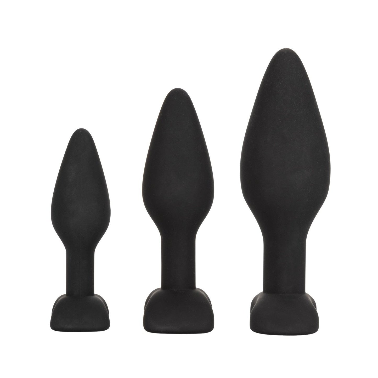 The Silicone Anal Exerciser Kit by California Exotic Novelties includes three black, phthalate-free silicone exercisers with flanged bases for safety, arranged smallest to largest on a white background.