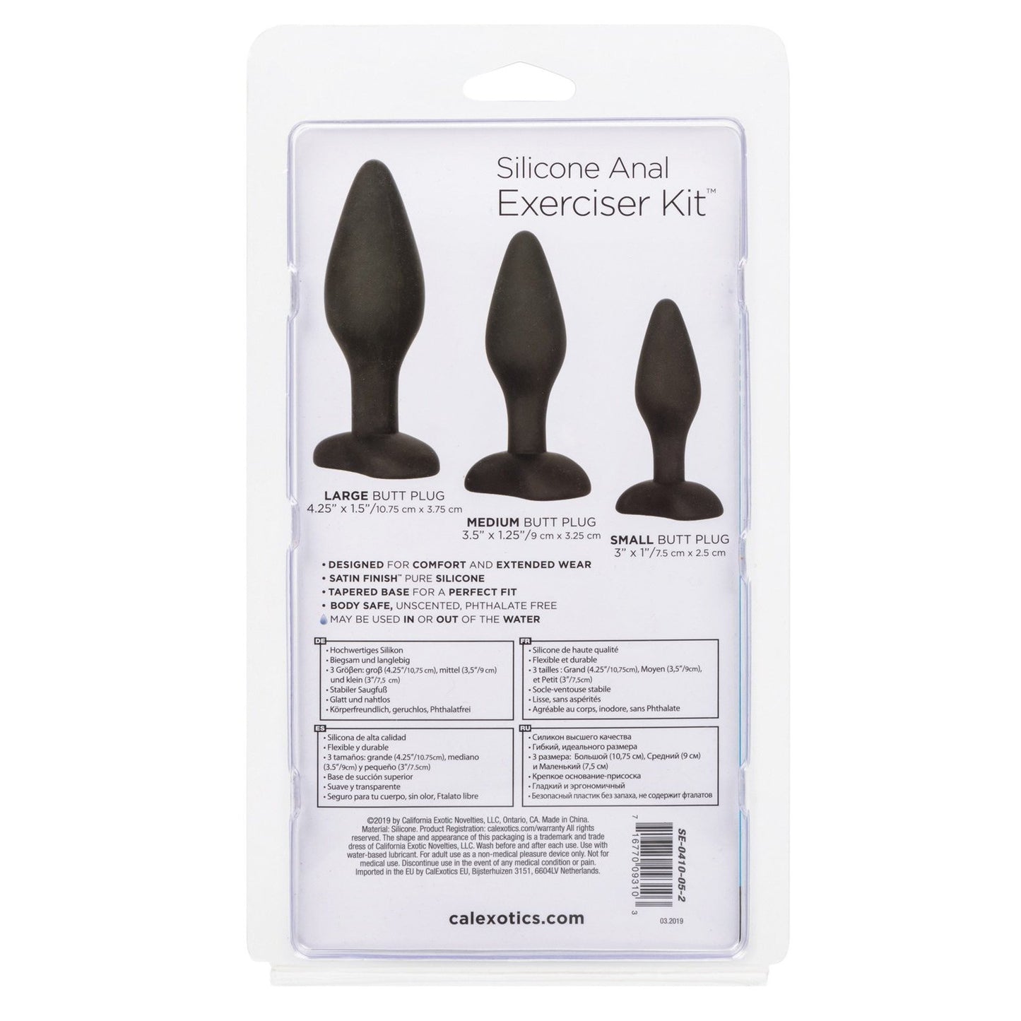 The back packaging of California Exotic Novelties Silicone Anal Exerciser Kit highlights features of three phthalate-free black butt plugs—small, medium, large—with a flanged base and dimensions presented in various languages.