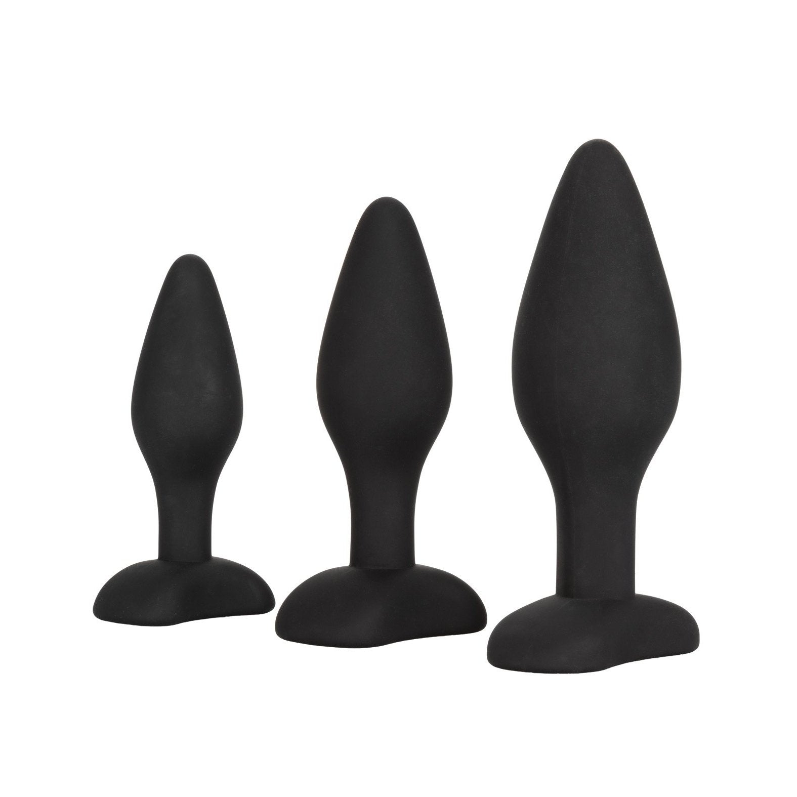 The Silicone Anal Exerciser Kit by California Exotic Novelties showcases three black, phthalate-free silicone exercisers in small, medium, and large sizes, each with flanged bases, aligned on a plain white background.