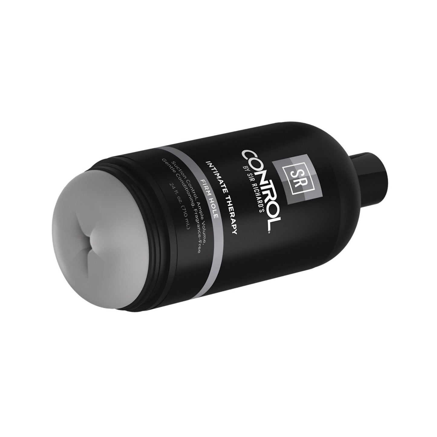 A black and gray squeeze bottle by Adams Toy Box, labeled Sir Richards Control Intimate Therapy Anal Stroker, features a phthalates-free design with a flip cap and a soft, textured surface for enhanced touch.
