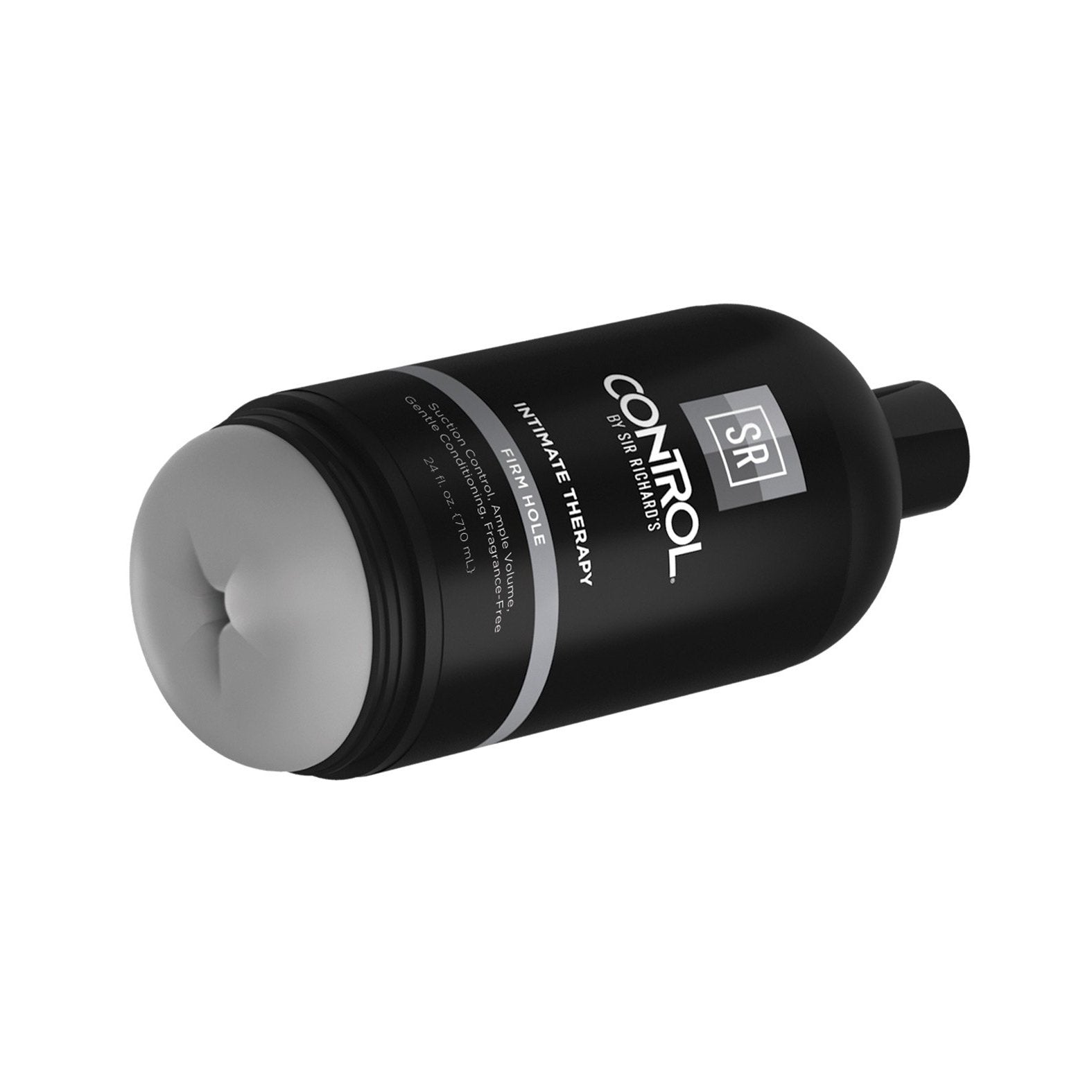 A black and gray squeeze bottle by Adams Toy Box, labeled Sir Richards Control Intimate Therapy Anal Stroker, features a phthalates-free design with a flip cap and a soft, textured surface for enhanced touch.