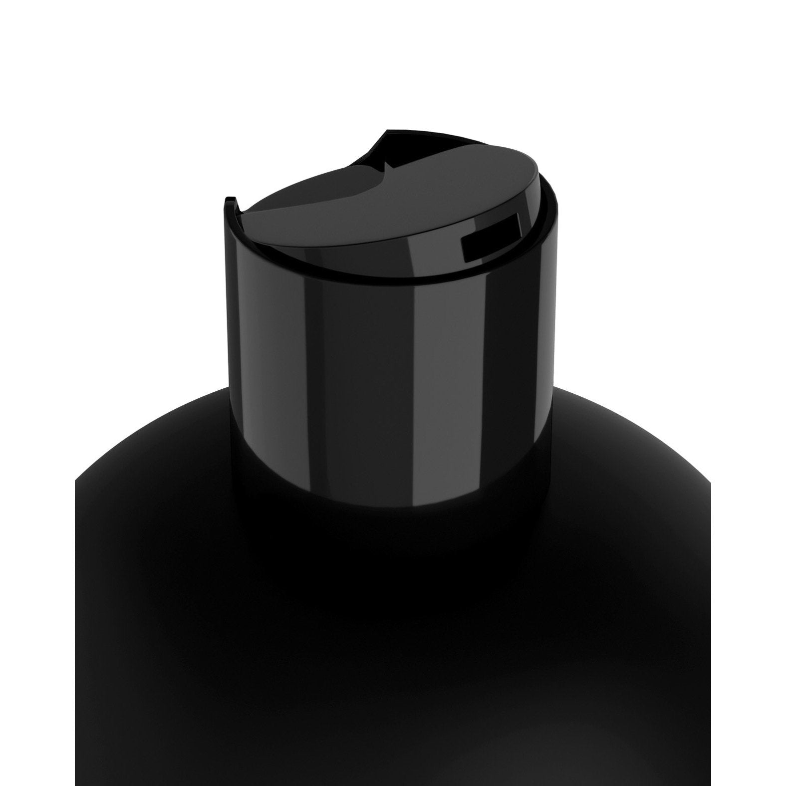 Close-up of a black flip-top cap against a white background, partially open to reveal the dispensing cutout for the Phthalates Free contents of Sir Richards Control Intimate Therapy Anal Stroker by Adams Toy Box.