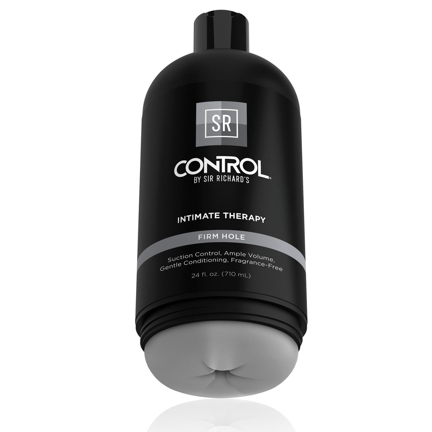 The sleek black bottle of Sir Richards Control Intimate Therapy Anal Stroker by Adams Toy Box prominently displays Firm Hole and offers benefits like suction control, ample volume, and gentle conditioning. Made from Fanta Flesh, this 24 fl. oz. (710 ml) bottle is phthalates-free for your comfort.