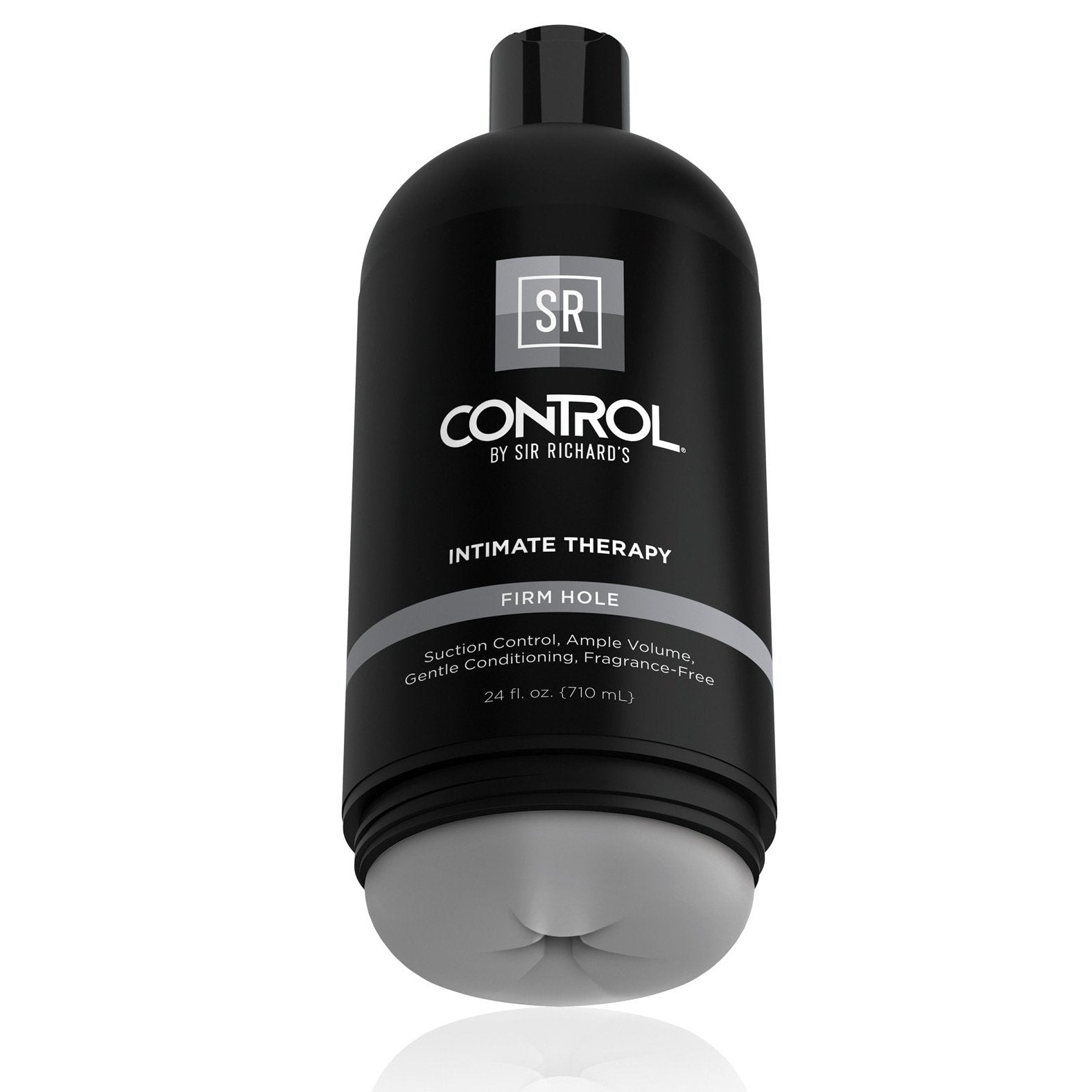 The sleek black bottle of Sir Richards Control Intimate Therapy Anal Stroker by Adams Toy Box prominently displays Firm Hole and offers benefits like suction control, ample volume, and gentle conditioning. Made from Fanta Flesh, this 24 fl. oz. (710 ml) bottle is phthalates-free for your comfort.