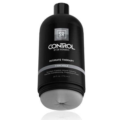 The sleek black bottle of Sir Richards Control Intimate Therapy Anal Stroker by Adams Toy Box prominently displays Firm Hole and offers benefits like suction control, ample volume, and gentle conditioning. Made from Fanta Flesh, this 24 fl. oz. (710 ml) bottle is phthalates-free for your comfort.