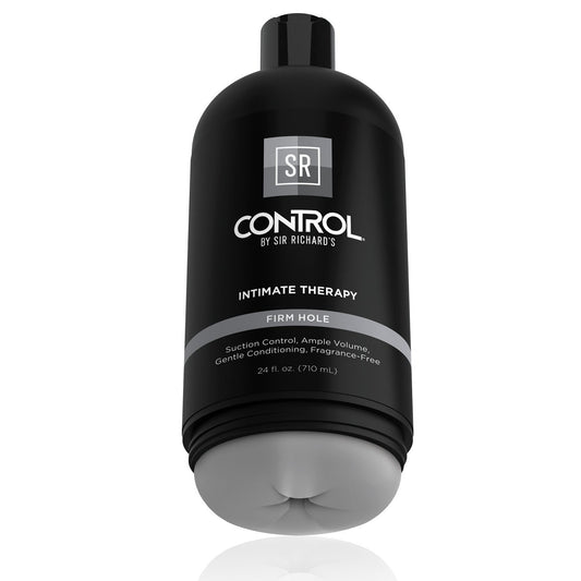 The sleek black bottle of Sir Richards Control Intimate Therapy Anal Stroker by Adams Toy Box prominently displays Firm Hole and offers benefits like suction control, ample volume, and gentle conditioning. Made from Fanta Flesh, this 24 fl. oz. (710 ml) bottle is phthalates-free for your comfort.