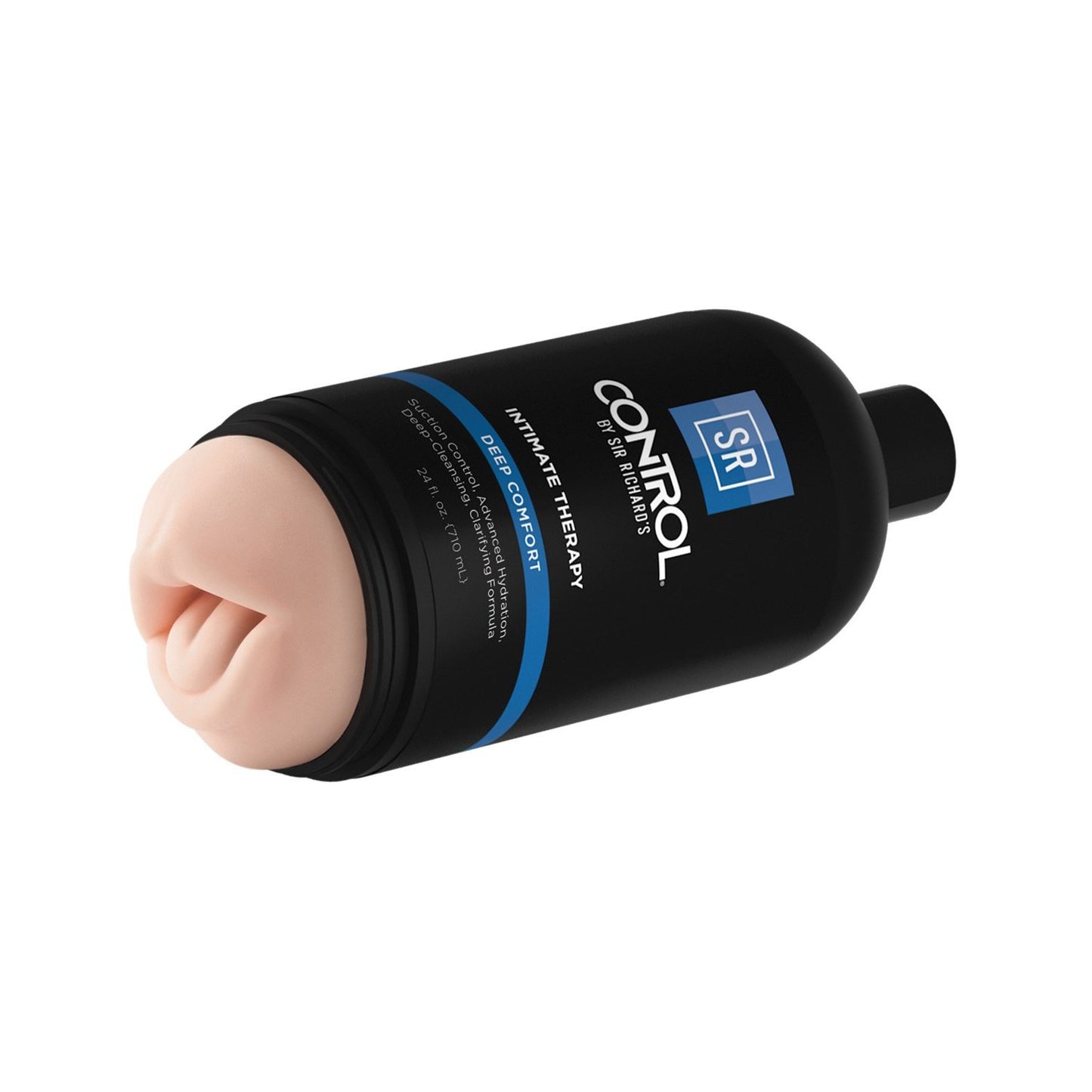 The Sir Richard’s Control Intimate Therapy Oral Stroker from Adams Toy Box is a discreet black cylindrical product with a flesh-toned, textured cap for comfort, designed for personal use. It offers a waterproof experience akin to a shampoo stroker.