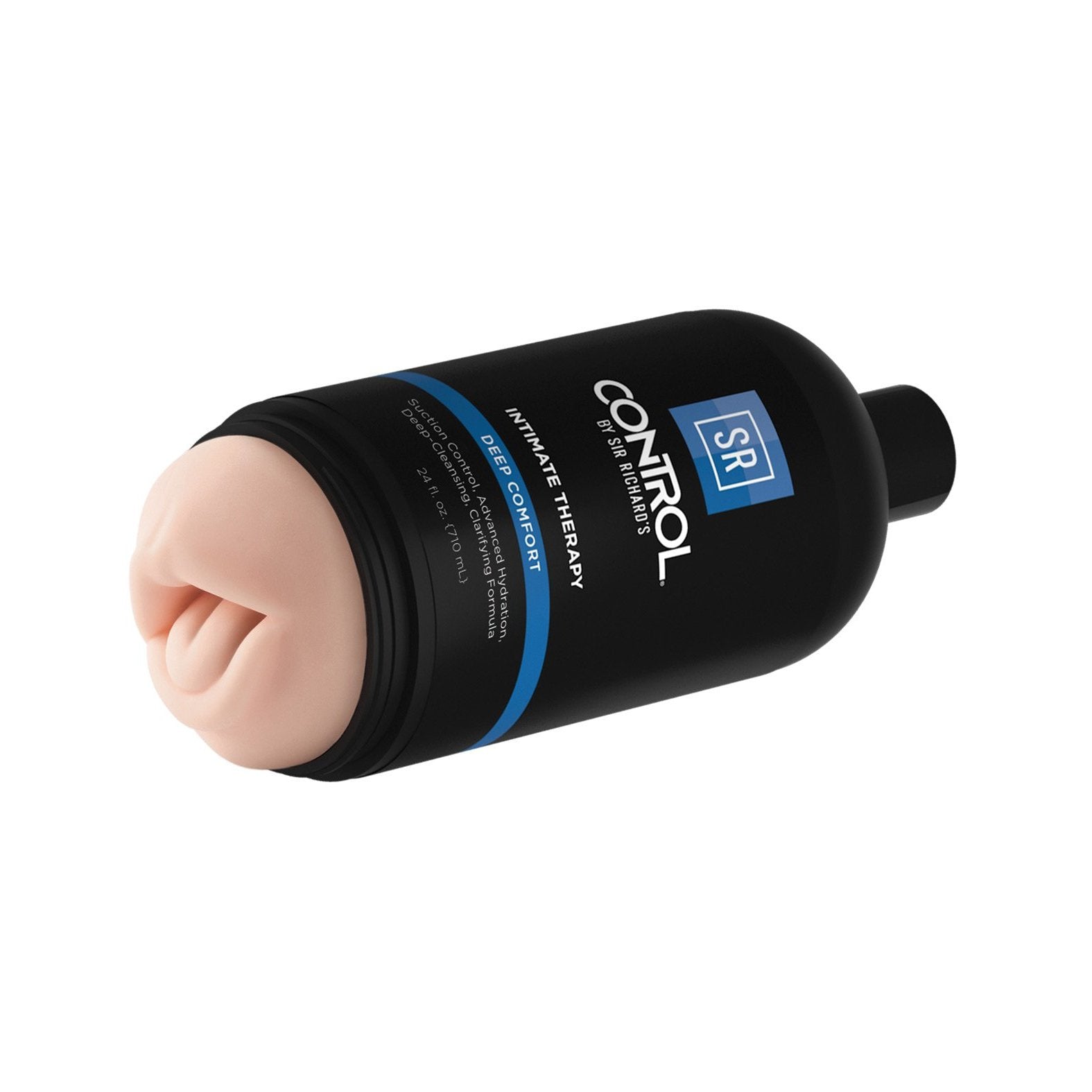 The Sir Richard’s Control Intimate Therapy Oral Stroker from Adams Toy Box is a discreet black cylindrical product with a flesh-toned, textured cap for comfort, designed for personal use. It offers a waterproof experience akin to a shampoo stroker.