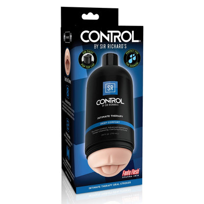 The image showcases the packaging of Adams Toy Boxs Sir Richard’s Control Intimate Therapy Oral Stroker. This discreet 3.4 fl. oz sleek black container is waterproof and perfect for the shower, featuring an easy-open top cap that blends functionality with a realistic aesthetic.