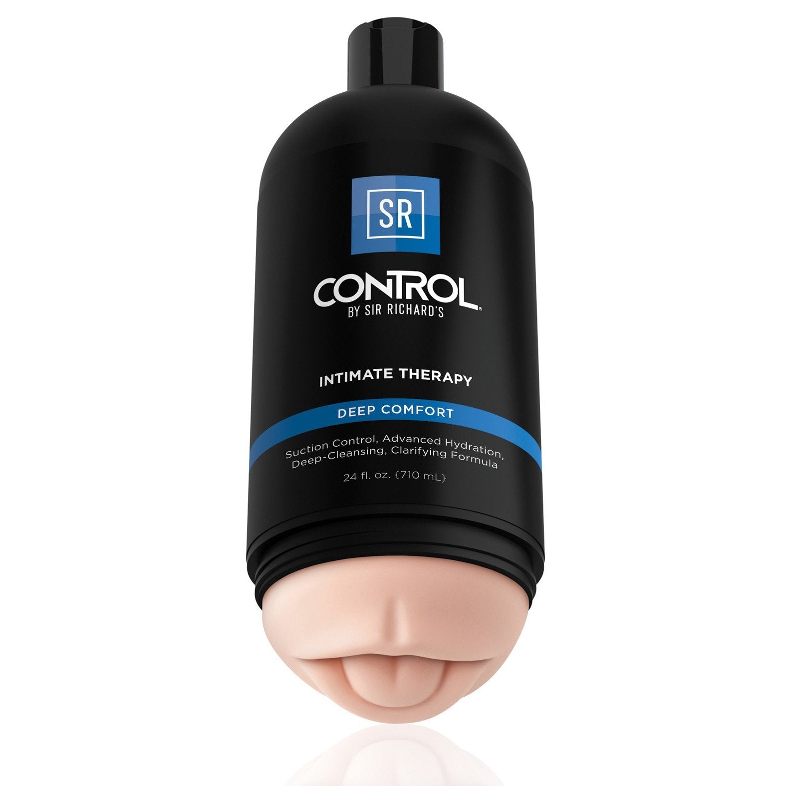 The Sir Richard’s Control Intimate Therapy Oral Stroker by Adams Toy Box features a sleek black bottle with a lip-like flesh-toned cap, offering suction control and deep cleansing. Its waterproof and contains 24 fl. oz. (710 ml) for an optimal experience.