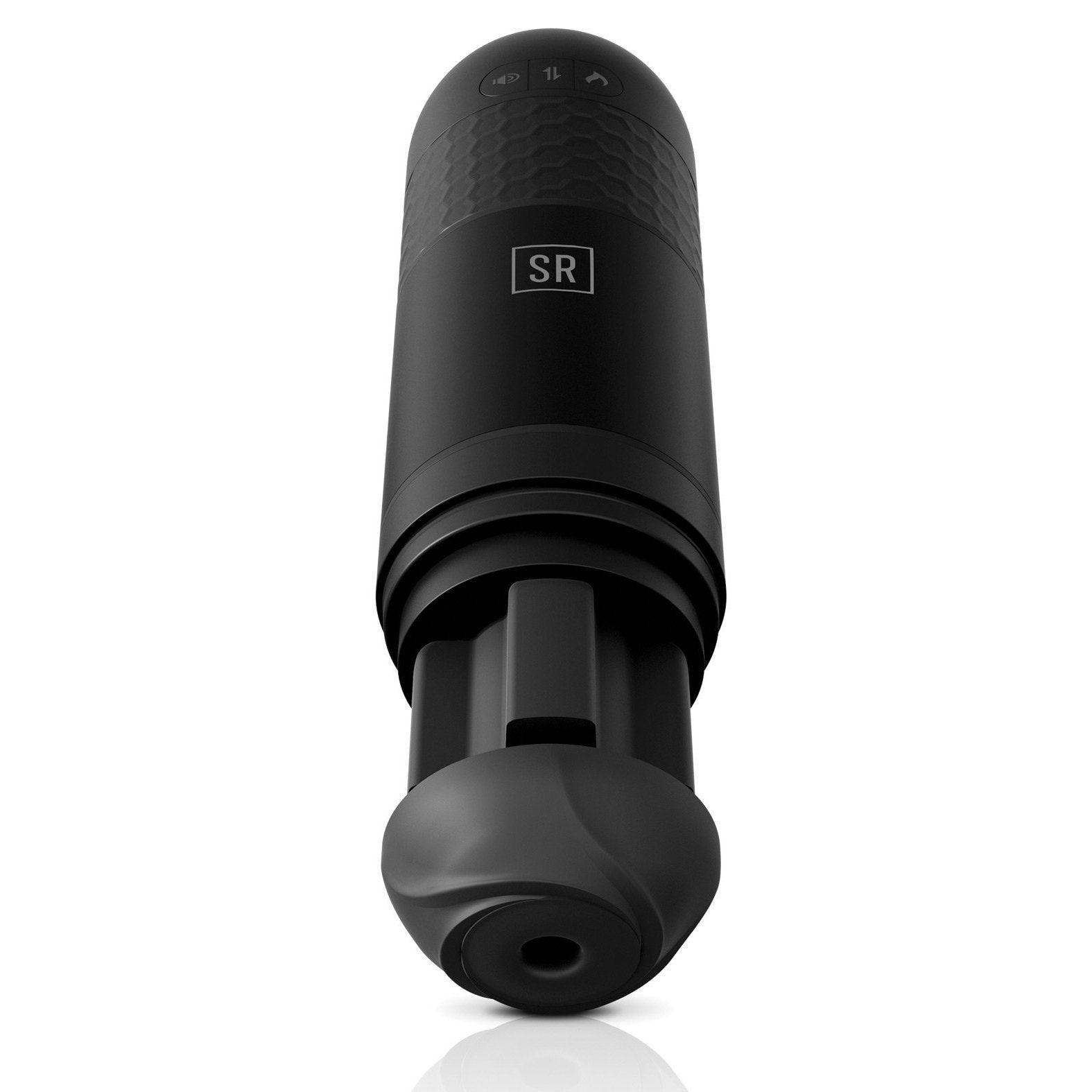 The Sir Richards Control Power-Bator w/Talking & Moaning by Adams Toy Box is a black cylindrical device with a textured grip, button interface at the top, detachable component, and removable suction cup at the bottom. It features an SR label against a pristine white background.