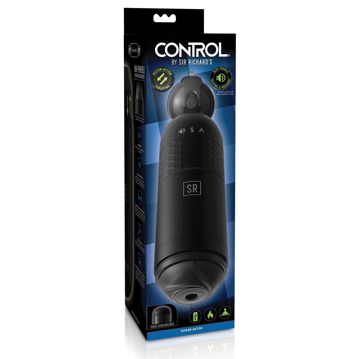 The Adams Toy Box Sir Richards Control Power-Bator w/Talking & Moaning box displays a textured, black cylindrical object. A blue and black design highlights icons for thrusting modes and a removable silicone sleeve.