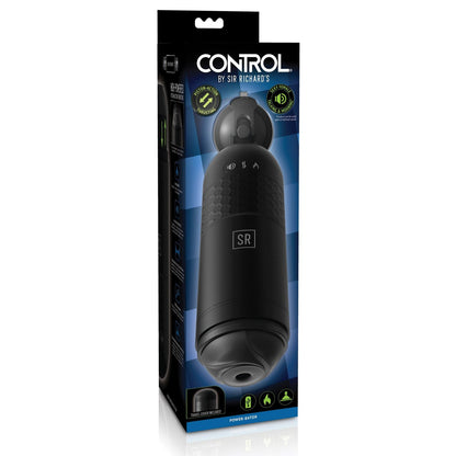 The Adams Toy Box Sir Richards Control Power-Bator w/Talking & Moaning box displays a textured, black cylindrical object. A blue and black design highlights icons for thrusting modes and a removable silicone sleeve.