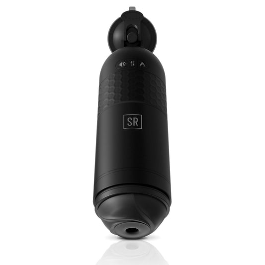 Introducing the Sir Richards Control Power-Bator by Adams Toy Box: a sleek black cylindrical design with textured grip, flip-top lid, and circular SR logo. Experience ultimate convenience with thrusting modes for control on the go!.