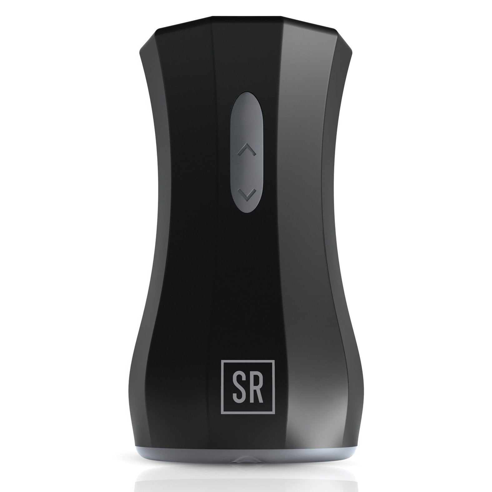 The Sir Richards Control Silicone Twin Turbo Stroker is a sleek, black handheld device with a curved design for innovative masturbation. It features a small vertical LED display, two arrow buttons, and SR printed near the base to enhance its modern appearance.
