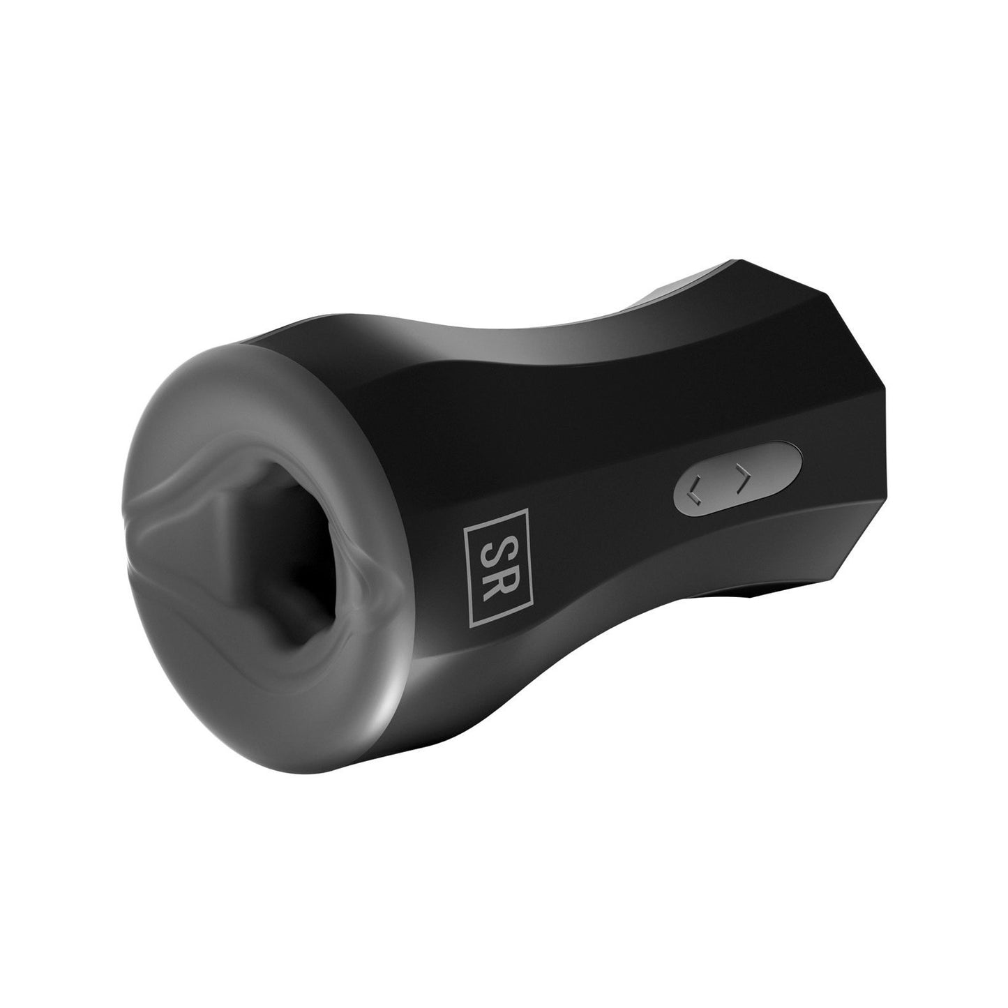 The Sir Richards Control Silicone Twin Turbo Stroker, a black electronic device, features a cylindrical shape with an ergonomic design, textured grip area, SR logo, and side control buttons. Its designed for personal use as a masturbation aid with a soft and tactile entry.