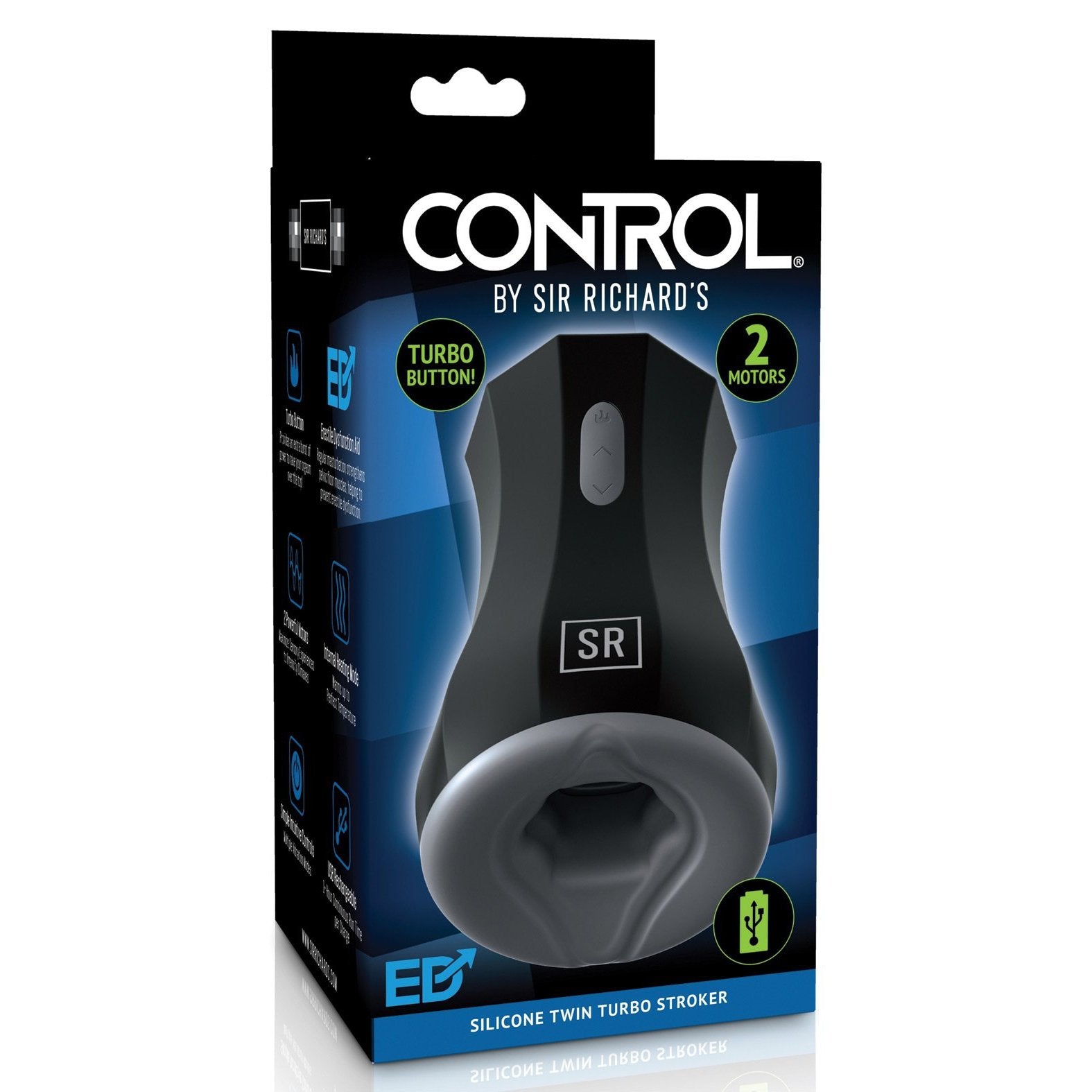 A black and green box showcases Sir Richard’s Control Silicone Twin Turbo Stroker, a masturbation aid with dual motors and a turbo button for enhanced pleasure and control.