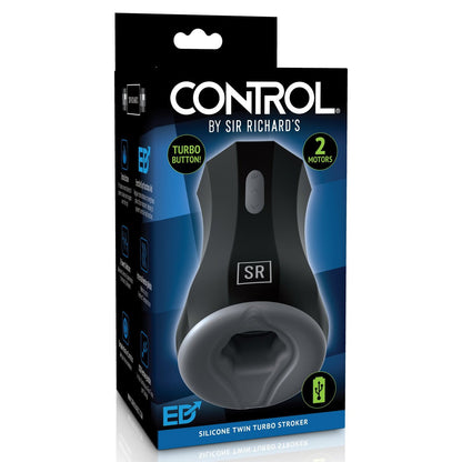 A black and green box showcases Sir Richard’s Control Silicone Twin Turbo Stroker, a masturbation aid with dual motors and a turbo button for enhanced pleasure and control.
