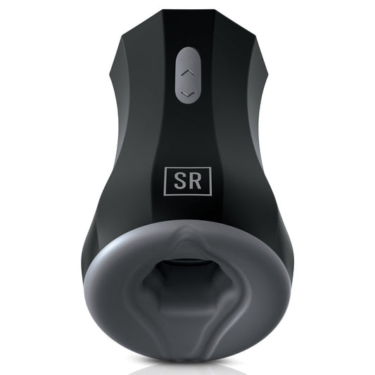 The Sir Richard’s Control Silicone Twin Turbo Stroker is a black and gray handheld device with an ergonomic shape and SR label, serving as an advanced aid for masturbation.