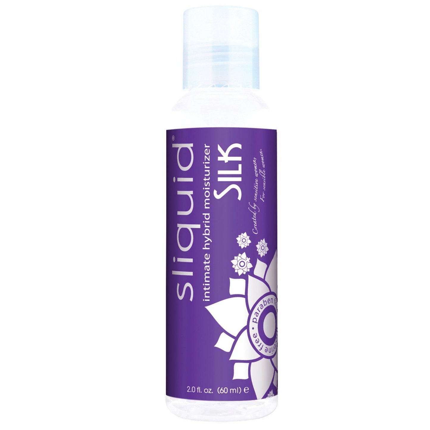 A clear bottle with a purple label and white floral design reads Sliquid Naturals Silk - 2 oz, a paraben-free, silicone-based hybrid lube from Sliquid, with a capacity of 2.0 fl oz (60 ml).