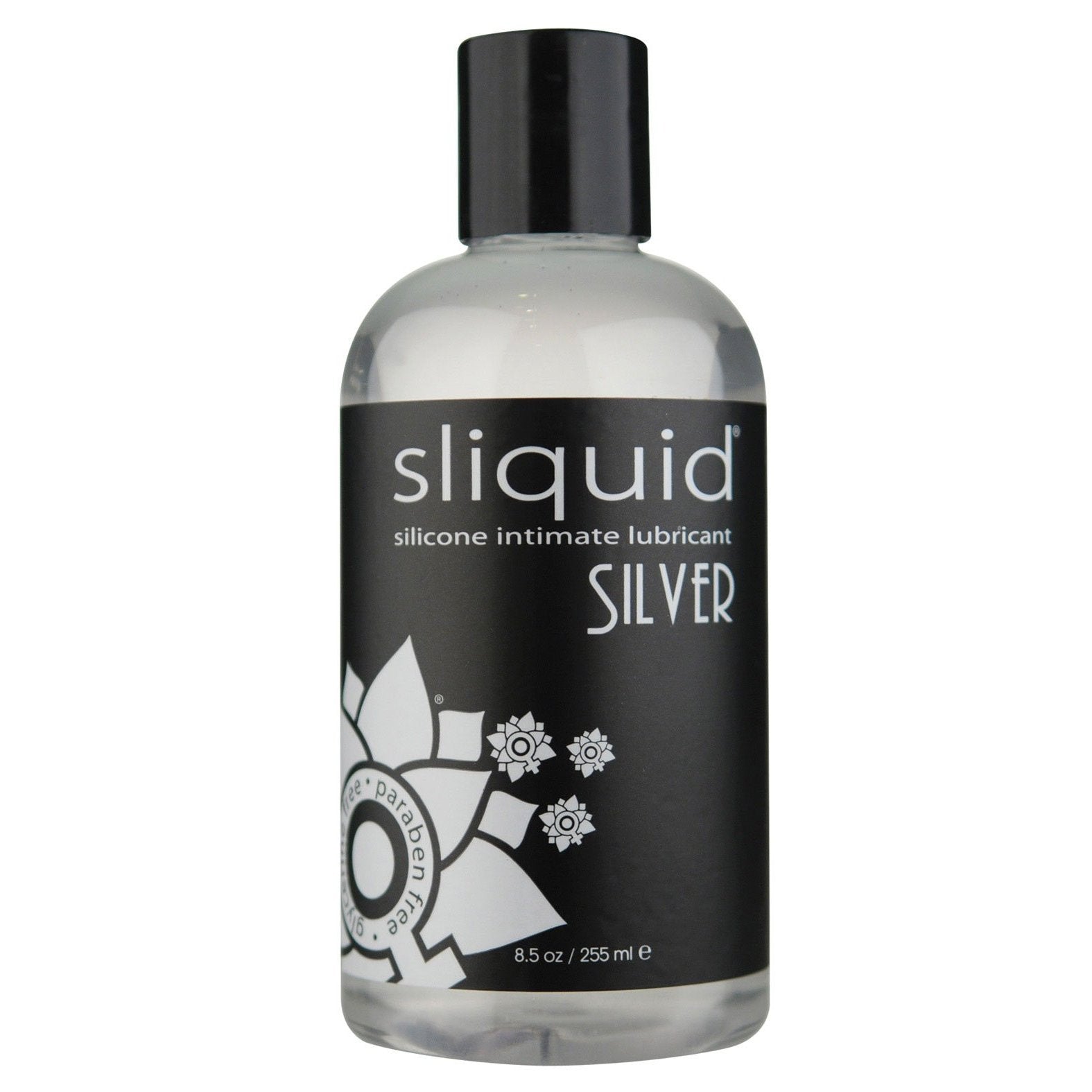 A clear bottle of Sliquid Naturals Silver silicone intimate lubricant with a black label featuring white text and decorative patterns, detailing the product name, size (8.5 oz/255 ml), and noting it is paraben-free and vegan-friendly.