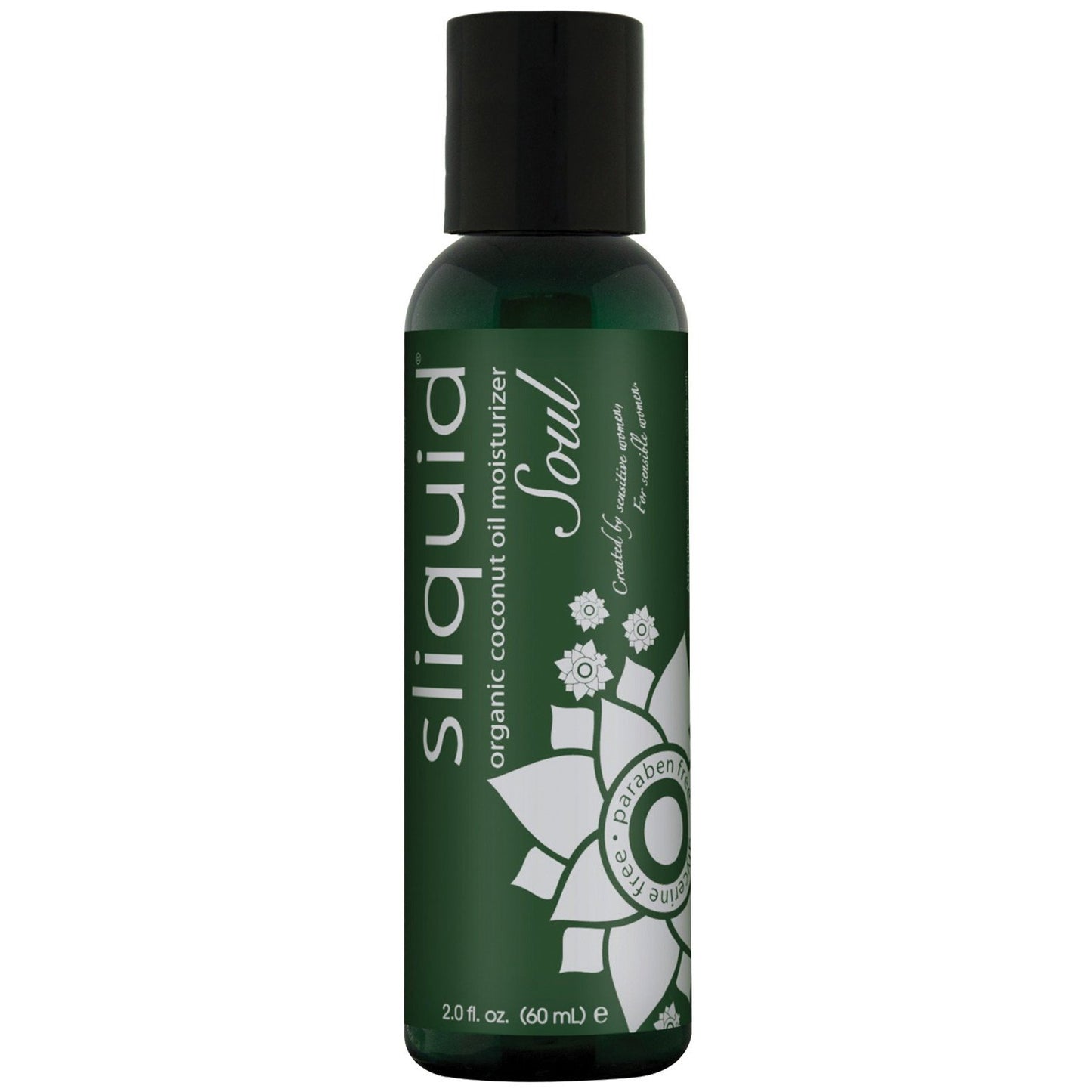 A 2 oz green bottle of Sliquid Naturals Soul from Adams Toy Box, a vegan-friendly moisturizer made with organic coconut oil, features floral design elements for a natural touch.