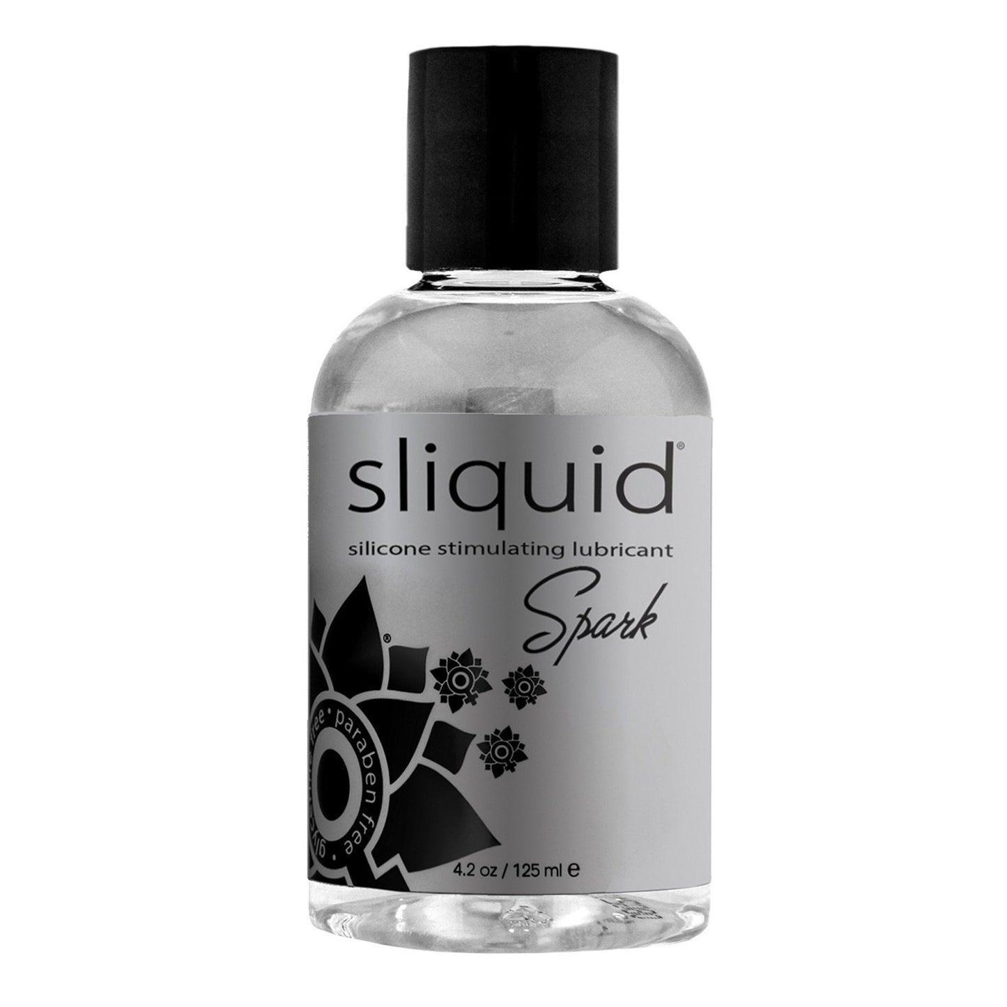 A clear bottle of Sliquid Naturals Spark Booty Buzz silicone-based, hypoallergenic lube features a black cap, gray label with black floral designs, and highlights its vegan-friendly 4.2 oz (125 ml) volume.