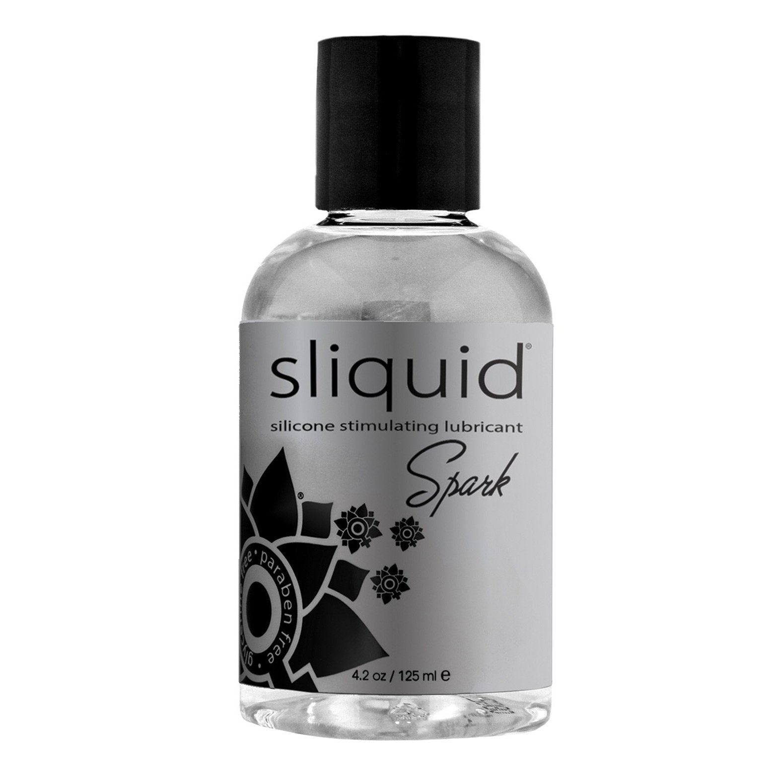 A clear bottle of Sliquid Naturals Spark Booty Buzz silicone-based, hypoallergenic lube features a black cap, gray label with black floral designs, and highlights its vegan-friendly 4.2 oz (125 ml) volume.