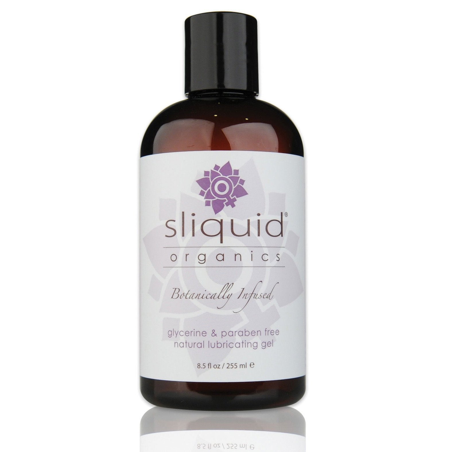 The Sliquid Organics Natural Gel by Sliquid features a creamy gel texture and is labeled Botanically Infused and glycerine & paraben free. This vegan-friendly lubricant comes in a dark bottle with a black cap, floral logo, and has a capacity of 8.5 fl oz / 255 ml.
